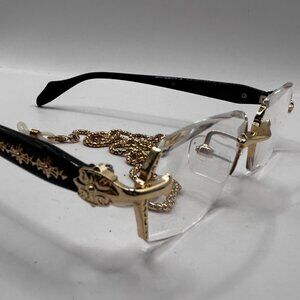 NEW Black & Gold Filigree Reading Glasses w/Gold Neckchain and Case! +1.50